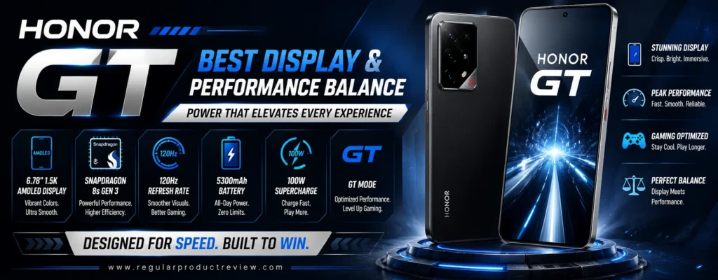 A premium hero banner featuring the HONOR GT smartphone with a futuristic blue and silver theme, bold typography, performance-focused feature icons, and a modern technology-inspired background.
