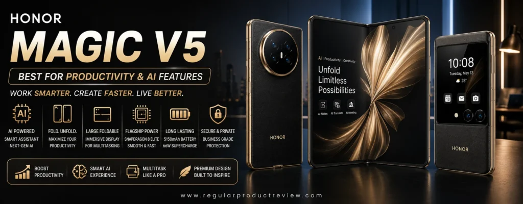 HONOR Magic V5 showcased as the best foldable phone for productivity and AI features with a premium design, large foldable display, advanced AI tools, flagship performance, and multitasking capabilities.