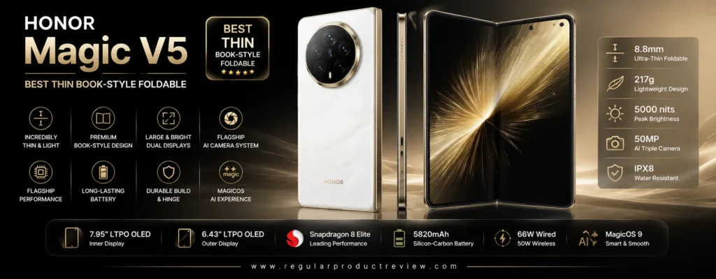 HONOR Magic V5 ultra-thin book-style foldable smartphone featuring dual LTPO OLED displays, Snapdragon 8 Elite performance, AI cameras, long battery life, and premium lightweight design, recognized as the best thin book-style foldable phone.