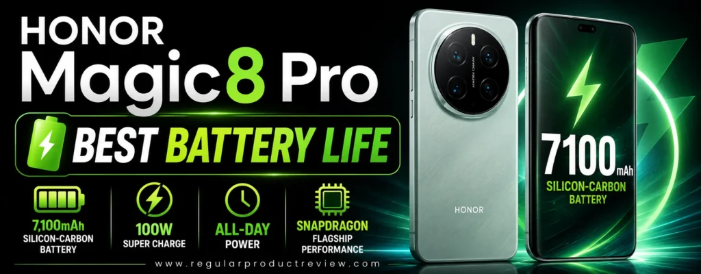 HONOR Magic8 Pro promotional banner showcasing the Best Battery Life flagship smartphone with a 7100mAh silicon-carbon battery, 100W fast charging, Snapdragon flagship processor, all-day battery performance, and premium design.