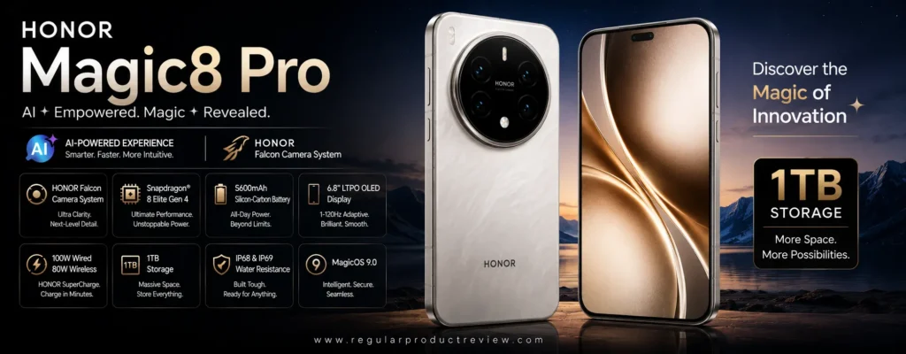 HONOR Magic8 Pro with official 1TB storage, featuring the HONOR Falcon Camera System, flagship Snapdragon performance, premium LTPO OLED display, and advanced AI features.