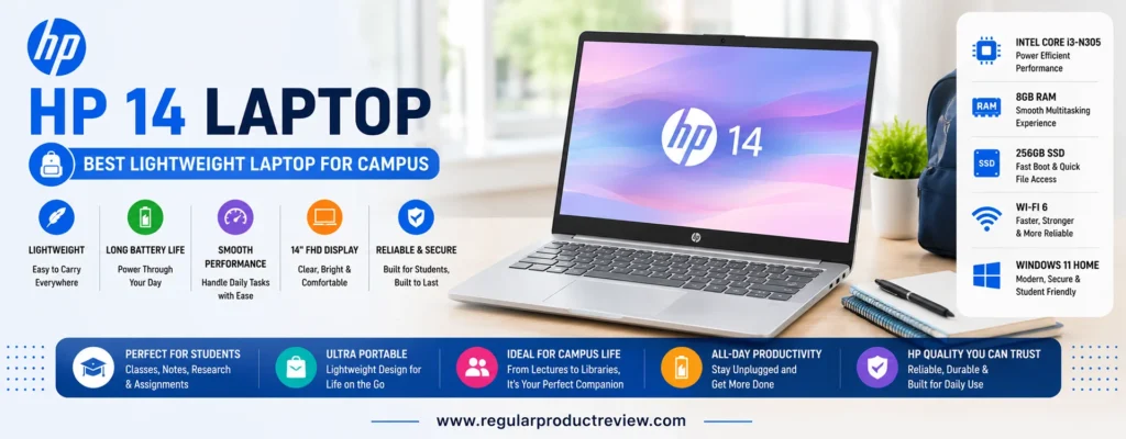 HP 14 Laptop featured as the best lightweight laptop for campus with an Intel Core i3-N305 processor, 8GB RAM, 256GB SSD, 14-inch Full HD display, Wi-Fi 6, and long battery life for students.