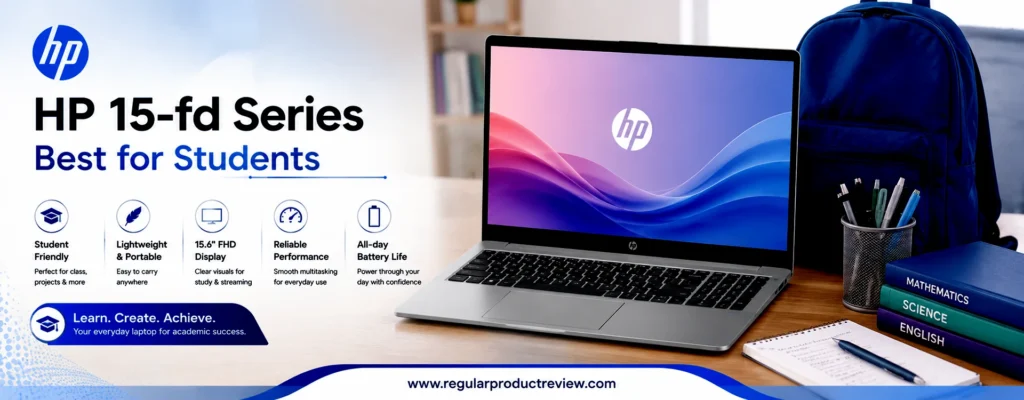 HP 15-fd Series featured in a modern hero banner highlighting its student-friendly design, 15.6-inch Full HD display, lightweight portability, reliable performance, and all-day battery life.