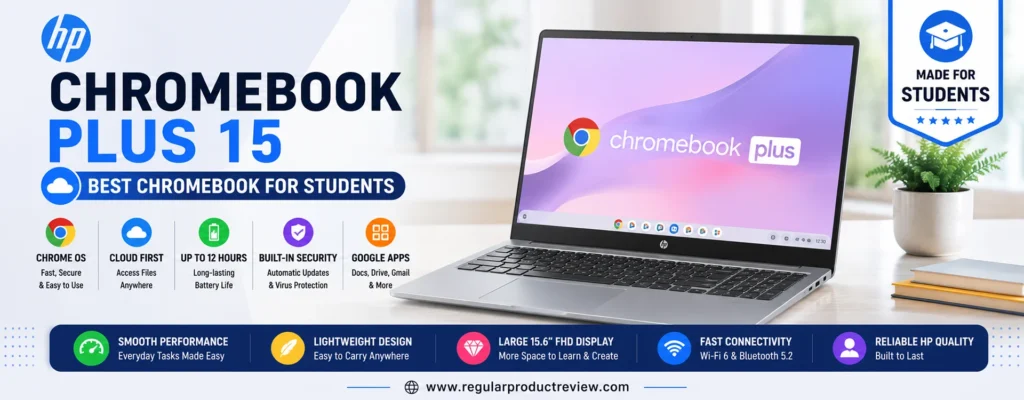 HP Chromebook Plus 15 featured as the best Chromebook for students with ChromeOS, Full HD display, long battery life, cloud-based productivity, and Google Workspace support for school and college.