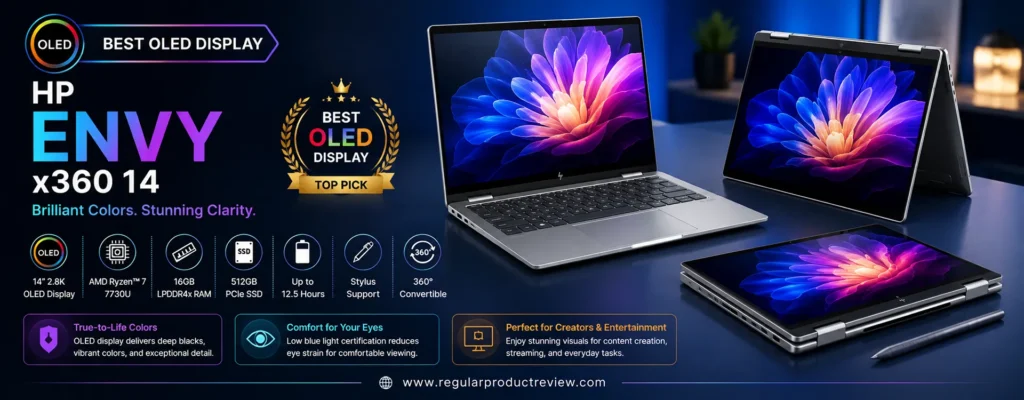 HP Envy x360 14 convertible laptop with a 2.8K OLED touchscreen, Intel Core Ultra 7 processor, 16GB RAM, 1TB SSD, and 360-degree hinge, selected as the best OLED display 2-in-1 laptop under $1000.
