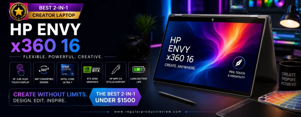 HP Envy x360 16 convertible creator laptop with a 2.8K OLED touchscreen, AMD Ryzen AI processor, stylus support, and premium 360-degree design, recognized as the best 2-in-1 creator laptop under $1500 for designers, artists, photographers, and content creators.