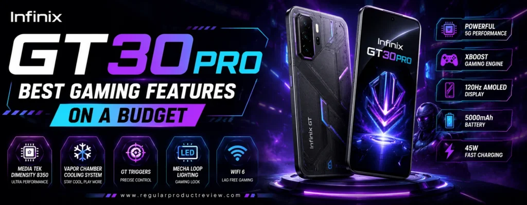 A premium hero banner featuring the Infinix GT 30 Pro gaming smartphone with a futuristic purple and cyan cyber theme, bold typography, gaming feature icons, and a modern technology-inspired background.