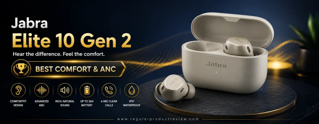Jabra Elite 10 Gen 2 wireless earbuds featuring ComfortFit design, Adaptive Active Noise Cancellation, premium sound quality, crystal-clear calls, and long battery life.