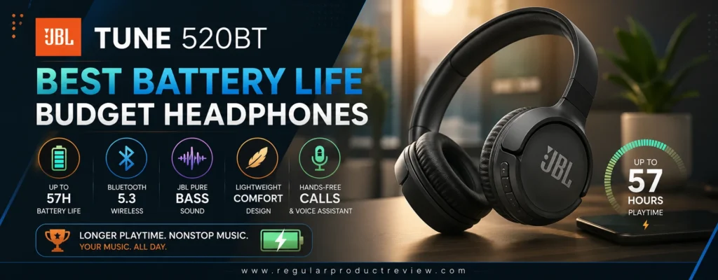 JBL Tune 520BT wireless headphones with up to 57-hour battery life, Bluetooth 5.3, JBL Pure Bass Sound, and lightweight design — Best Battery Life Budget Headphones Under $50.