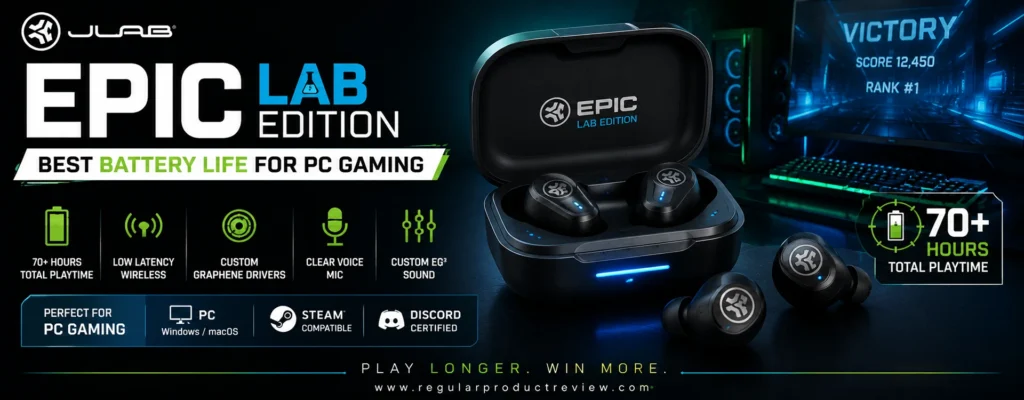 JLab Epic Lab Edition gaming earbuds promotional banner featuring the wireless earbuds, charging case, and a PC gaming setup with bold highlights for extended battery life, low-latency wireless connectivity, clear voice microphone, custom EQ, and PC gaming compatibility.