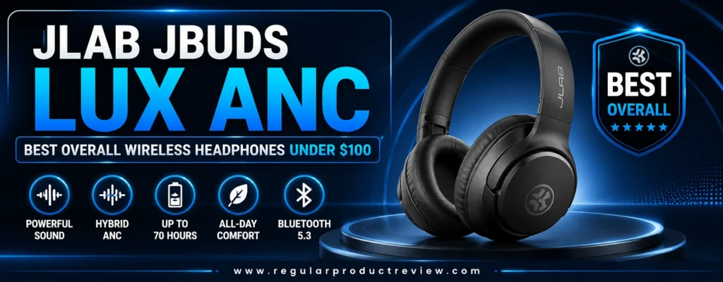 Hero banner featuring the JLab JBuds Lux ANC wireless headphones with bold icons highlighting Hybrid ANC, up to 70-hour battery life, Bluetooth 5.3, all-day comfort, and powerful sound.