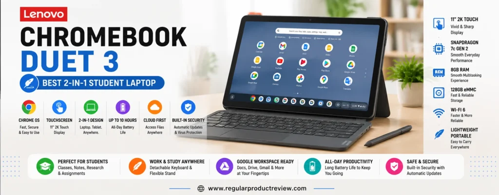Lenovo Chromebook Duet 3 featured as the best 2-in-1 student laptop with an 11-inch 2K touchscreen, detachable keyboard, ChromeOS, Snapdragon processor, and all-day battery life for school and college.