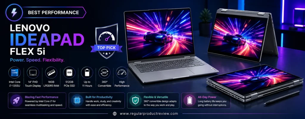 Lenovo IdeaPad Flex 5i convertible laptop featuring a 14-inch touchscreen, Intel Core Ultra 7 processor, 16GB LPDDR5X RAM, 1TB PCIe Gen4 SSD, Intel Arc graphics, and a 360-degree hinge, recognized as the best performance 2-in-1 laptop under $1000.