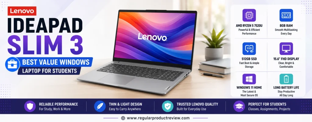 Lenovo IdeaPad Slim 3 featured as the best value Windows laptop for students with AMD Ryzen 5 processor, 8GB RAM, 512GB SSD, Full HD display, and long battery life for school, college, and everyday productivity.
