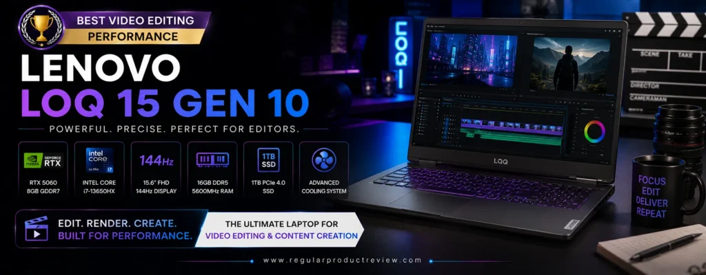 Lenovo LOQ 15 Gen 10 creator laptop featuring NVIDIA GeForce RTX 4060 graphics, AMD Ryzen 7 processor, QHD display, and professional video editing workflow, recognized as the best laptop for video editing performance under $1500.