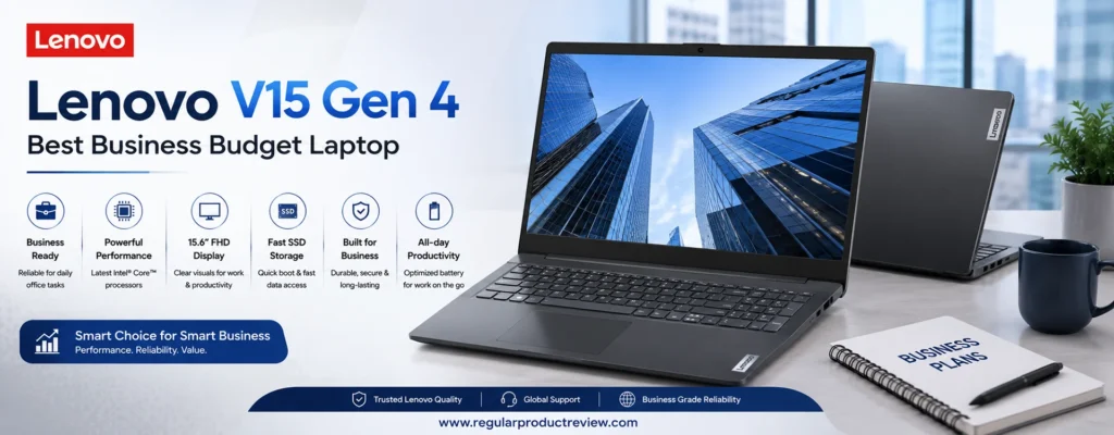 Lenovo V15 Gen 4 featured in a modern business-themed hero banner highlighting its business-ready design, Intel Core processor, 15.6-inch Full HD display, fast SSD storage, and all-day productivity.