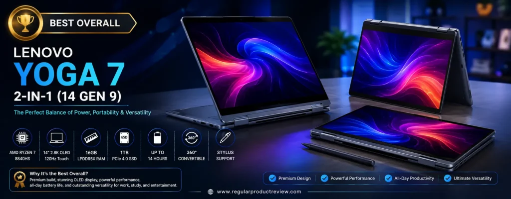 Lenovo Yoga 7 2-in-1 (14 Gen 9) convertible laptop with a 2.8K OLED touchscreen, AMD Ryzen 7 processor, 16GB RAM, 1TB SSD, and 360-degree hinge, named the best overall 2-in-1 laptop under $1000.