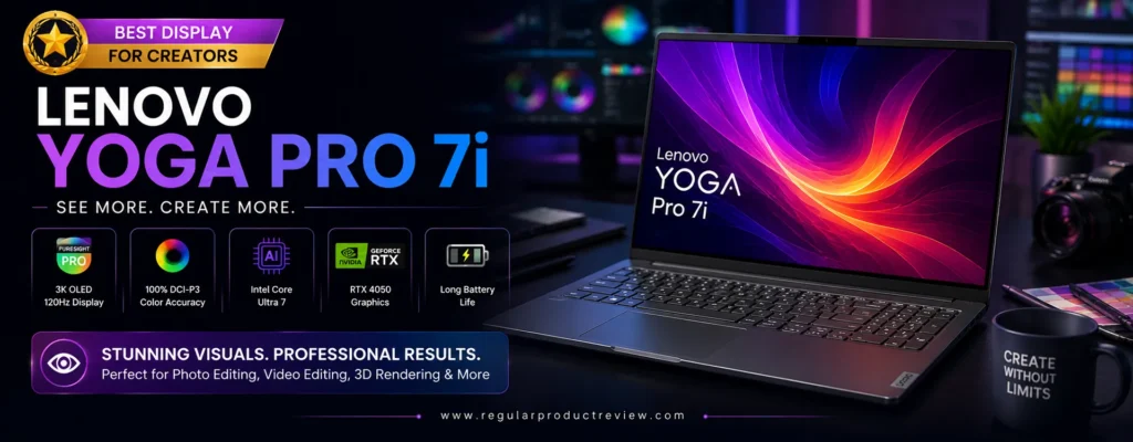 Lenovo Yoga Pro 7i creator laptop featuring a 3K OLED PureSight Pro display, Intel Core Ultra processor, NVIDIA GeForce RTX graphics, and exceptional color accuracy, recognized as the best display laptop for creators under $1500.