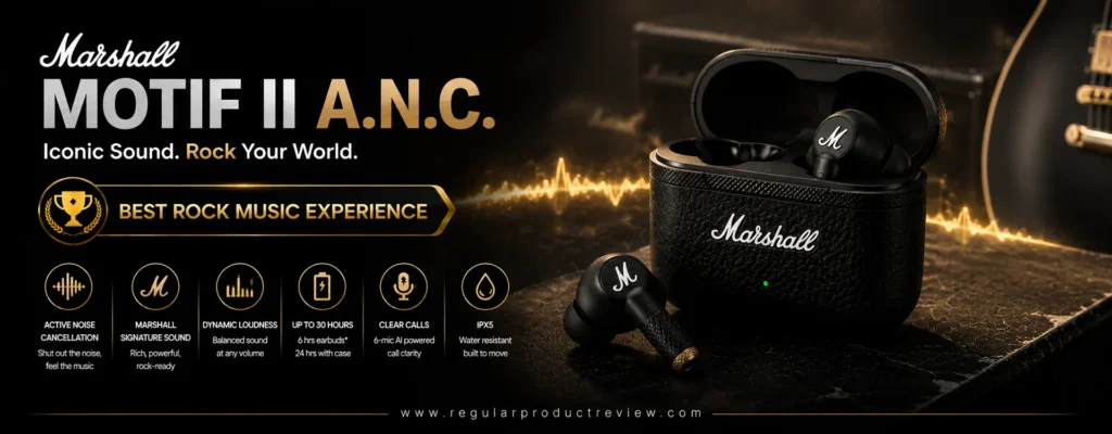 Marshall Motif II A.N.C. wireless earbuds featuring Active Noise Cancellation, signature Marshall sound, premium design, and powerful audio for rock music enthusiasts.