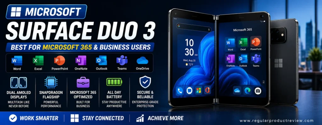 Microsoft Surface Duo 3 featured as the best foldable phone for Microsoft 365 and business users with dual AMOLED displays, Microsoft Office apps, enterprise security, Snapdragon flagship performance, and all-day battery life.