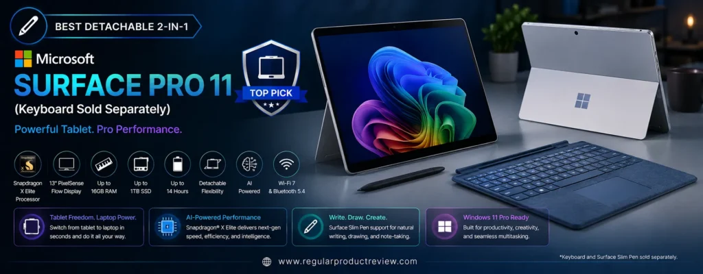 Microsoft Surface Pro 11 detachable 2-in-1 laptop with a 13-inch PixelSense Flow touchscreen, Snapdragon X Plus processor, 16GB LPDDR5X RAM, optional keyboard, and Surface Slim Pen support, recognized as the best detachable 2-in-1 laptop under $1000.