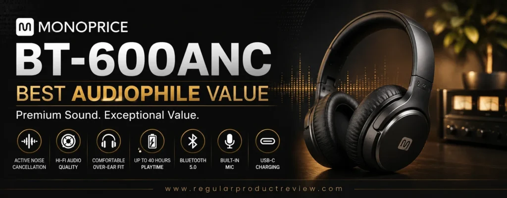Modern hero banner featuring the Monoprice BT-600ANC wireless headphones with bold icons highlighting Active Noise Cancellation, Hi-Fi audio quality, up to 40 hours of battery life, Bluetooth 5.0, built-in microphone, comfortable over-ear fit, and USB-C charging.