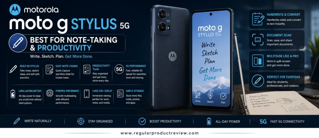 Moto G Stylus 5G, the best budget business phone for note-taking and productivity with a built-in stylus, 5G connectivity, long battery life, and smooth multitasking.