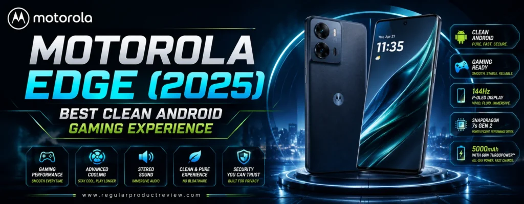 A premium hero banner featuring the Motorola Edge (2025) smartphone with a futuristic teal and black theme, bold typography, clean Android highlights, gaming-focused feature icons, and a modern cyber-inspired background.