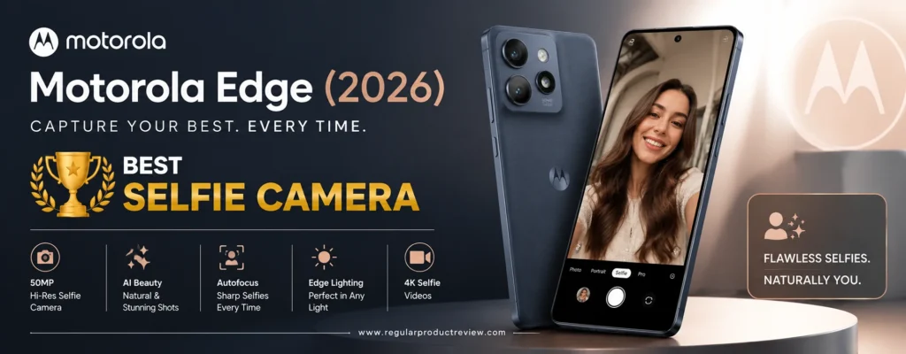 Motorola Edge (2026) Best Selfie Camera promotional banner featuring a premium smartphone design, 50MP autofocus selfie camera, AI photography, 4K selfie video, and advanced portrait capabilities.