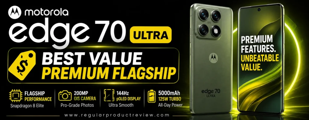Motorola Edge 70 Ultra promotional banner showcasing the Best Value Premium Flagship smartphone with Snapdragon 8 Elite performance, 200MP OIS camera, 144Hz pOLED display, 125W Turbo charging, long battery life, and premium design.