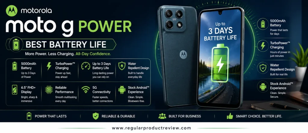 Motorola Moto G Power, the best battery life budget business phone with a 5000mAh battery, reliable performance, fast charging, and 5G connectivity for professionals.