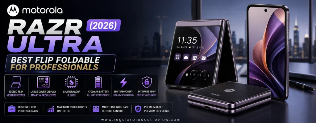 Motorola Razr Ultra (2026) featured as the best flip foldable phone for professionals with a premium flip design, large cover display, flagship performance, and productivity-focused features.