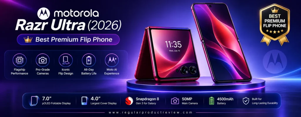 Motorola Razr Ultra (2026) premium flip foldable smartphone showcased as the best premium flip phone, featuring flagship performance, advanced cameras, Moto AI, a large cover display, and a luxury foldable design.