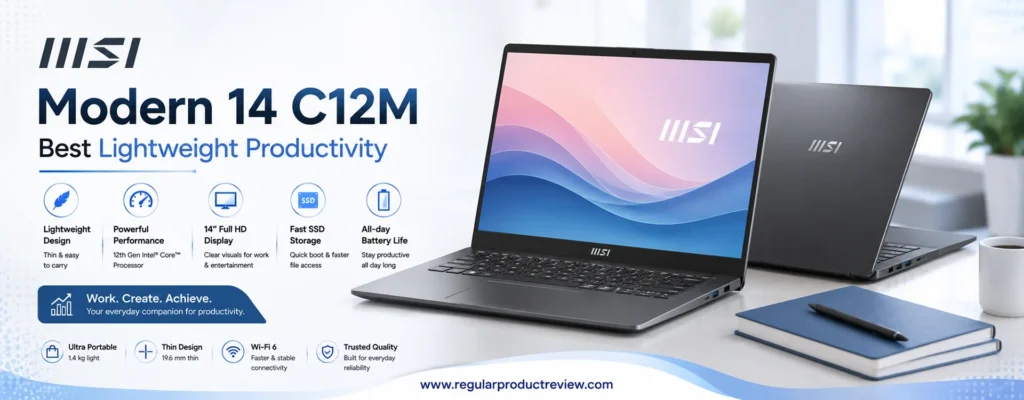 MSI Modern 14 C12M featured in a modern hero banner highlighting its lightweight design, Intel Core processor, 14-inch Full HD display, fast SSD storage, and all-day productivity.