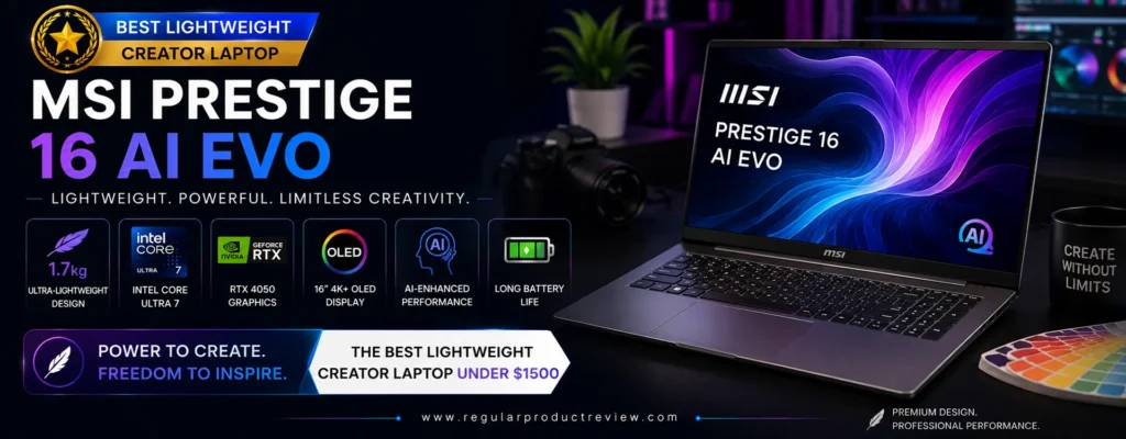 MSI Prestige 16 AI Evo lightweight creator laptop featuring a UHD+ OLED display, Intel Core Ultra processor, AI-powered performance, Intel Arc graphics, and an ultra-portable design, recognized as the best lightweight creator laptop under $1500.