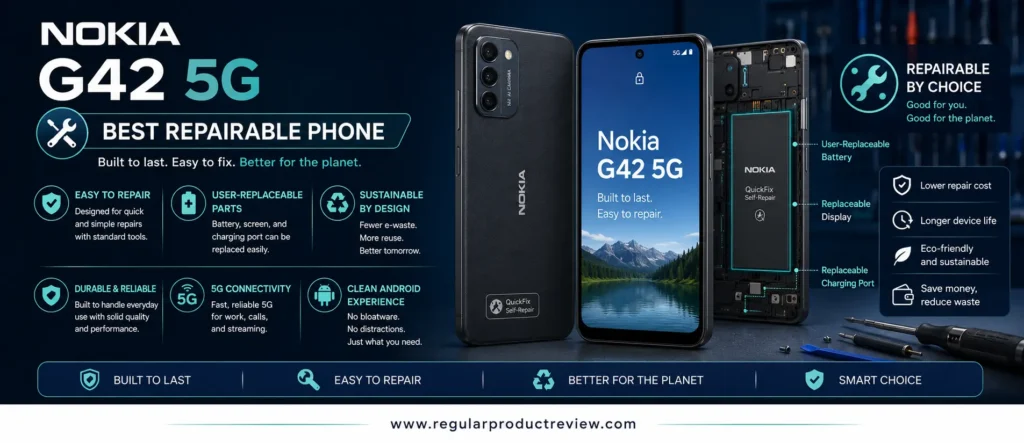 Nokia G42 5G, the best repairable budget business phone featuring a repair-friendly design, 5G connectivity, reliable performance, and long-term value for professionals.