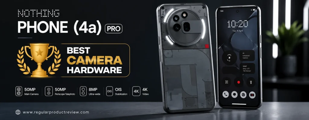 Nothing Phone (4a) Pro Best Camera Hardware promotional banner featuring a premium smartphone design, advanced triple-camera system, telephoto lens, OIS, and 4K video capabilities.