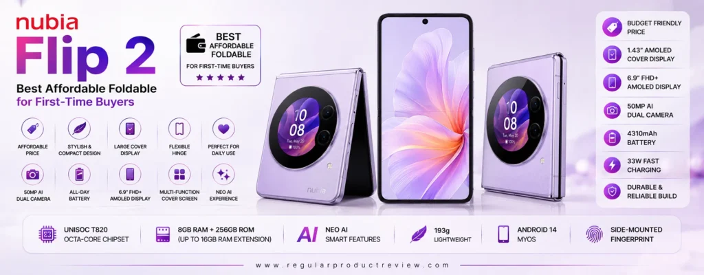 nubia Flip 2 affordable flip foldable smartphone featuring a compact design, AMOLED display, AI dual cameras, long battery life, and beginner-friendly software, recognized as the best affordable foldable phone for first-time buyers.