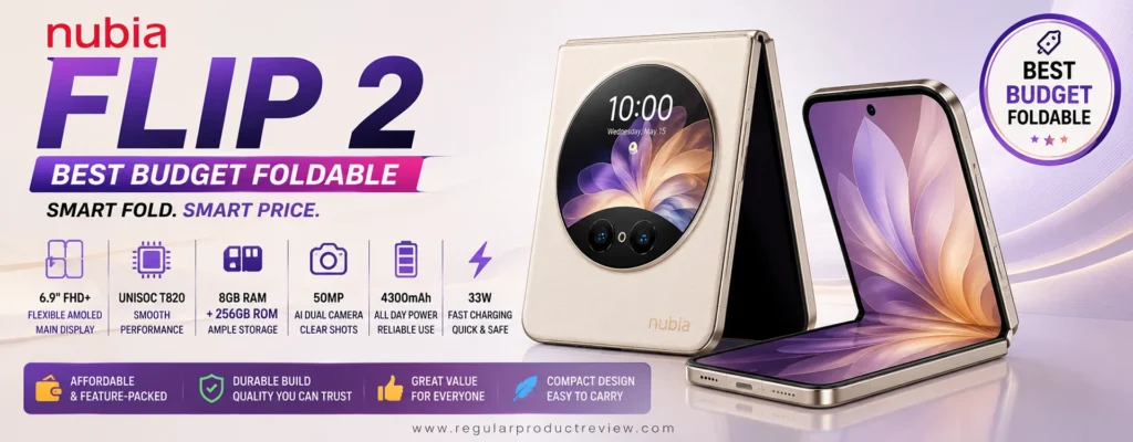 Nubia Flip 2 featured as the best budget foldable phone with a compact flip design, AMOLED display, dependable battery life, fast charging, and affordable productivity features.