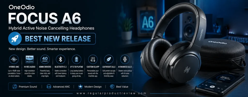 OneOdio Focus A6 wireless noise cancelling headphones with Hybrid ANC, Hi-Res Audio, LDAC, Bluetooth 6.0, and up to 75-hour battery life under $100.