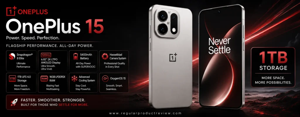 OnePlus 15 with official 1TB storage, featuring Snapdragon 8 Elite performance, OxygenOS, fast charging technology, and a premium AMOLED display.