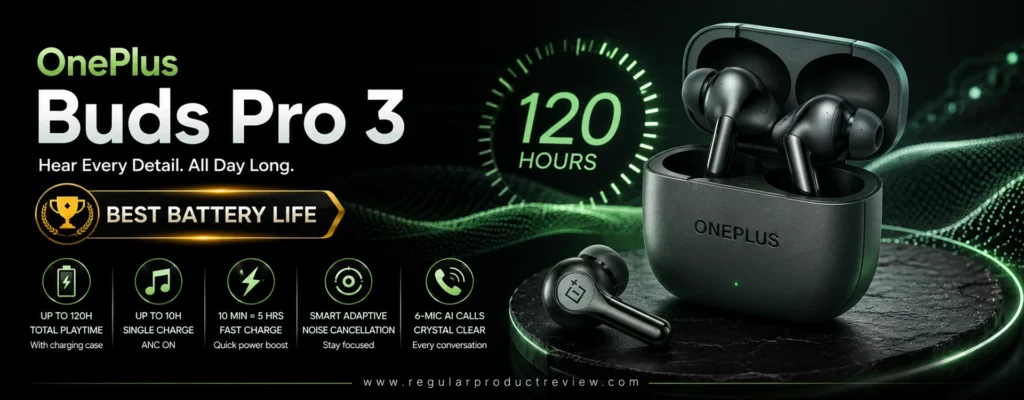 OnePlus Buds Pro 3 wireless earbuds featuring Adaptive Active Noise Cancellation, premium sound, ultra-long battery life, fast charging, and AI-powered clear calls.