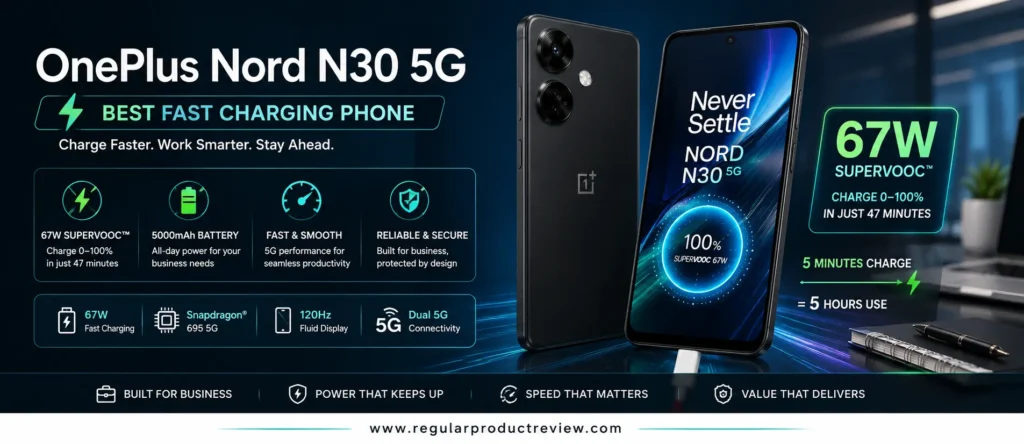 OnePlus Nord N30 5G, the best fast charging phone with SUPERVOOC charging, reliable Snapdragon performance, 5G connectivity, and long battery life for business users.