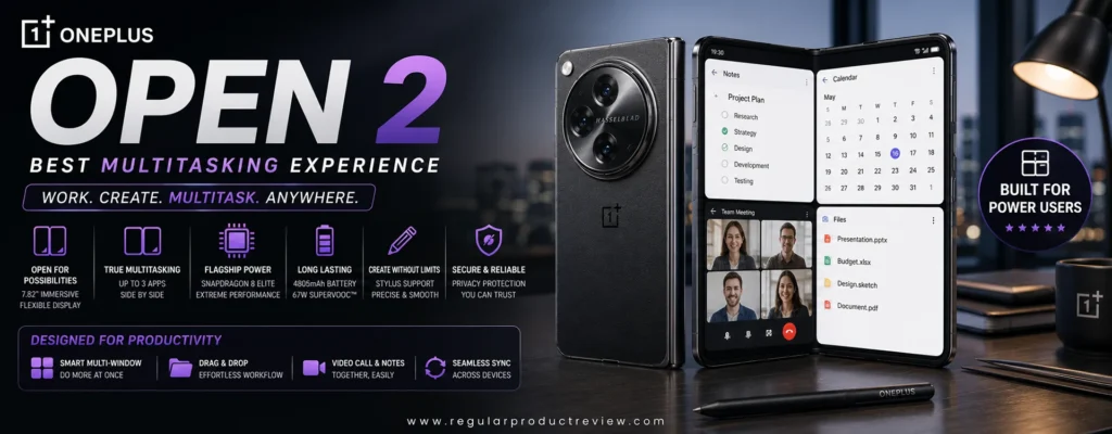 OnePlus Open 2 showcased as the best foldable phone for multitasking with a large dual-screen display, advanced multi-window features, flagship performance, and productivity-focused design.