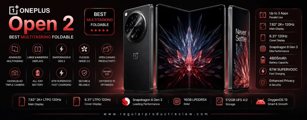 OnePlus Open 2 premium book-style foldable smartphone featuring Open Canvas multitasking, Snapdragon flagship performance, Hasselblad cameras, large LTPO OLED displays, and ultra-fast charging, recognized as the best multitasking foldable phone.