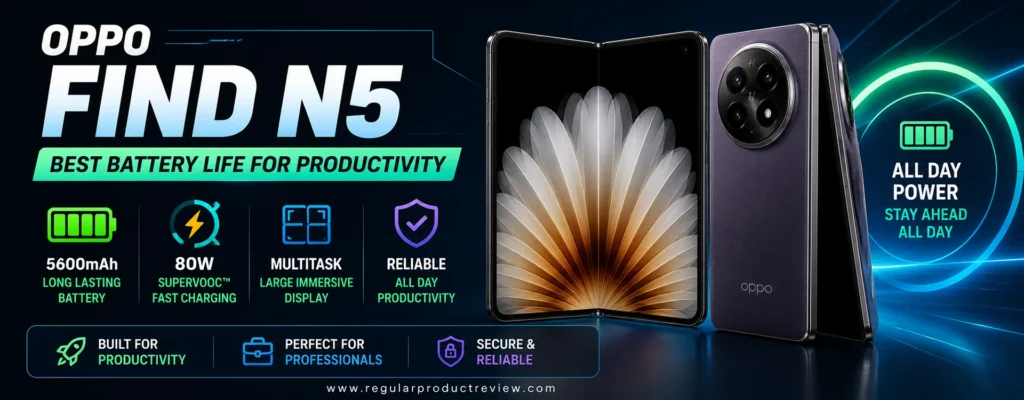 OPPO Find N5 featured as the best foldable phone for battery life and productivity with a large foldable display, long-lasting battery, 80W SuperVOOC fast charging, and premium multitasking performance.
