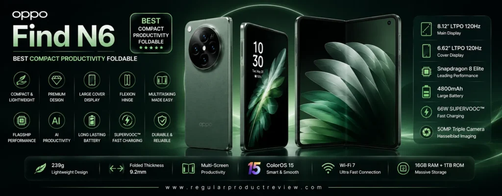 OPPO Find N6 premium book-style foldable smartphone featuring flagship Snapdragon performance, AI-powered productivity tools, large LTPO OLED displays, Hasselblad cameras, and a lightweight compact design, recognized as the best compact productivity foldable phone.