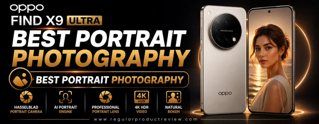 OPPO Find X9 Ultra promotional banner showcasing the Best Portrait Photography flagship smartphone with Hasselblad portrait camera, AI portrait engine, professional portrait lens, natural bokeh, and 4K HDR video capabilities.