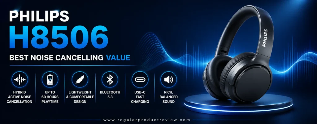 Modern hero banner featuring the Philips H8506 wireless headphones with bold icons highlighting Hybrid Active Noise Cancellation, up to 60 hours of battery life, Bluetooth 5.3, USB-C fast charging, lightweight comfort, and balanced sound.