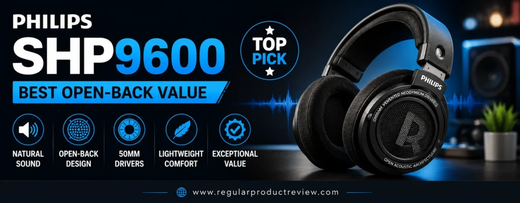 Philips SHP9600 open-back headphones featured as the best open-back value headphones under $200 with 50mm drivers, natural sound, lightweight comfort, and exceptional value.